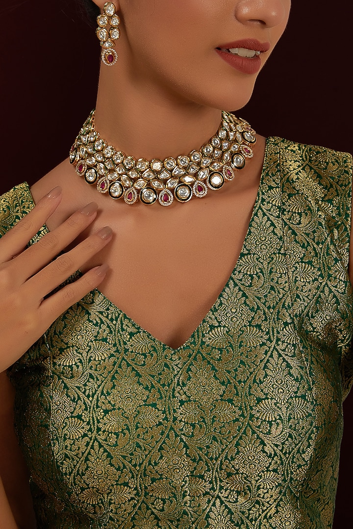 Gold Finish Ruby Stone & Kundan Polki Meenakari Choker Necklace Set by Moh-Maya by Disha Khatri at Pernia's Pop Up Shop