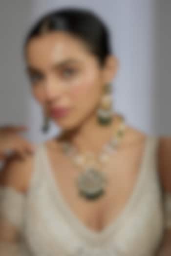 Gold Finish Kundan Polki & Emerald Stone Meenakari Long Necklace Set by Moh-Maya by Disha Khatri at Pernia's Pop Up Shop