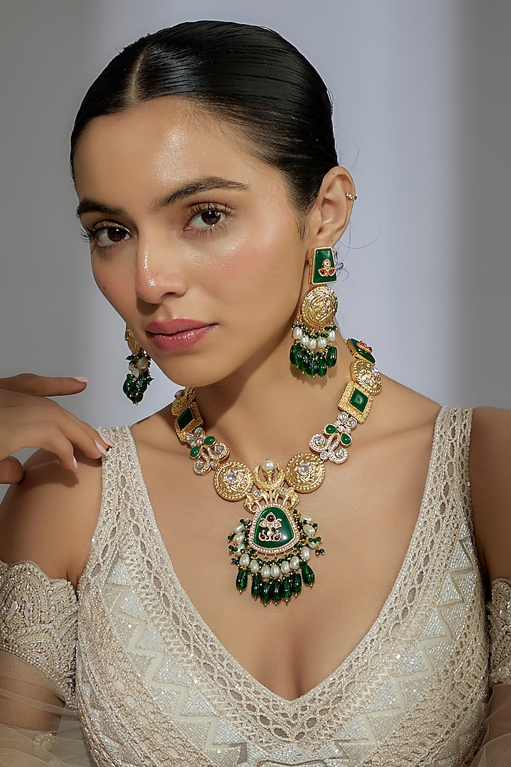 Gold Finish Kundan Polki & Emerald Stone Meenakari Long Necklace Set by Moh-Maya by Disha Khatri at Pernia's Pop Up Shop