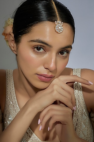 Gold Finish Kundan Polki & Zircon Maangtikka by Moh-Maya by Disha Khatri