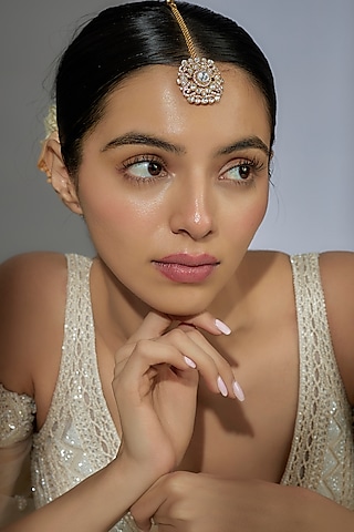 Gold Finish Kundan Polki & Zircon Maangtikka by Moh-Maya by Disha Khatri