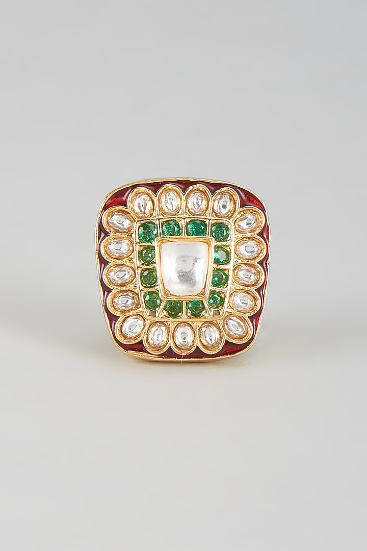Gold Finish Kundan Polki Meenakari Ring by Moh-Maya by Disha Khatri at Pernia's Pop Up Shop