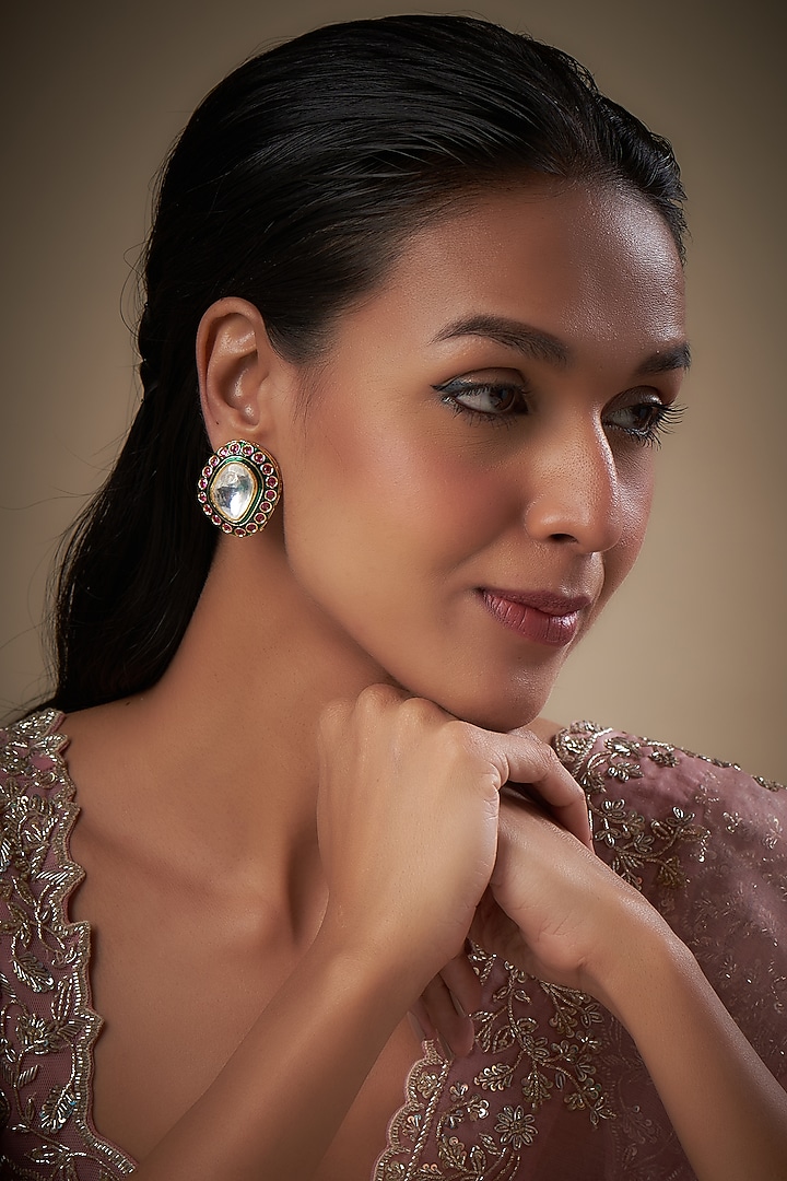 Gold Finish Kundan Polki Stud Earrings by Moh-Maya by Disha Khatri at Pernia's Pop Up Shop
