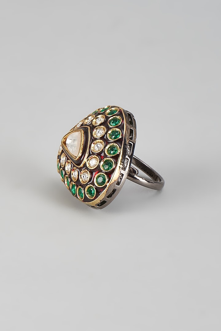 Gold Finish Kundan Polki Meenakari Ring by Moh-Maya by Disha Khatri at Pernia's Pop Up Shop