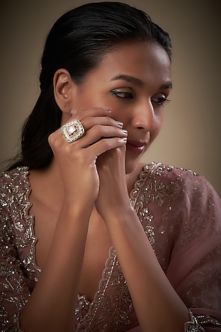 Gold Finish Kundan Polki & Green Stone Meenakari Ring by Moh-Maya by Disha Khatri