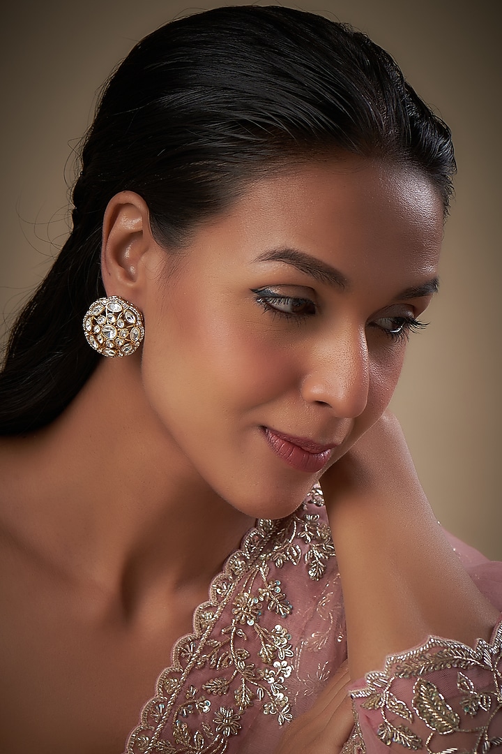 Gold Finish Kundan Polki & Zircon Stud Earrings by Moh-Maya by Disha Khatri at Pernia's Pop Up Shop