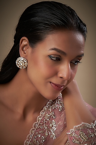 Gold Finish Kundan Polki & Zircon Stud Earrings by Moh-Maya by Disha Khatri