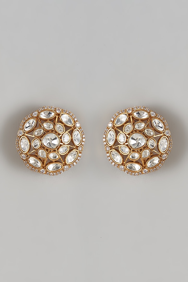 Gold Finish Kundan Polki & Zircon Stud Earrings by Moh-Maya by Disha Khatri at Pernia's Pop Up Shop