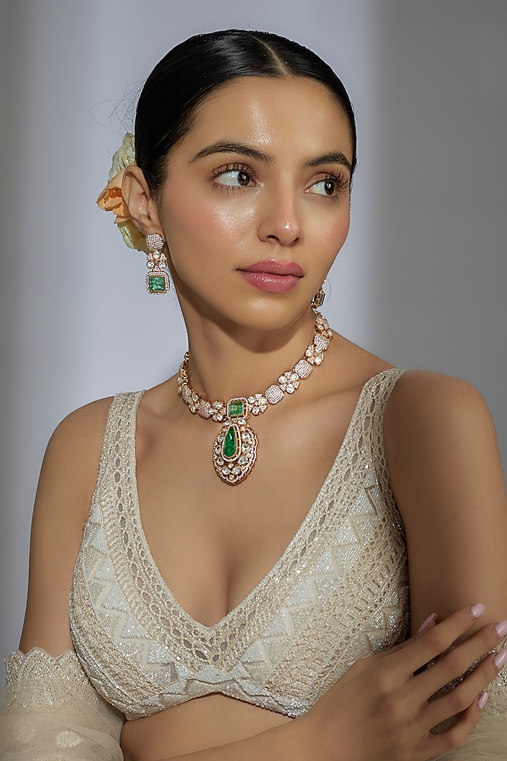 Gold Finish Zircon & Green Stone Pendant Necklace Set by Moh-Maya by Disha Khatri