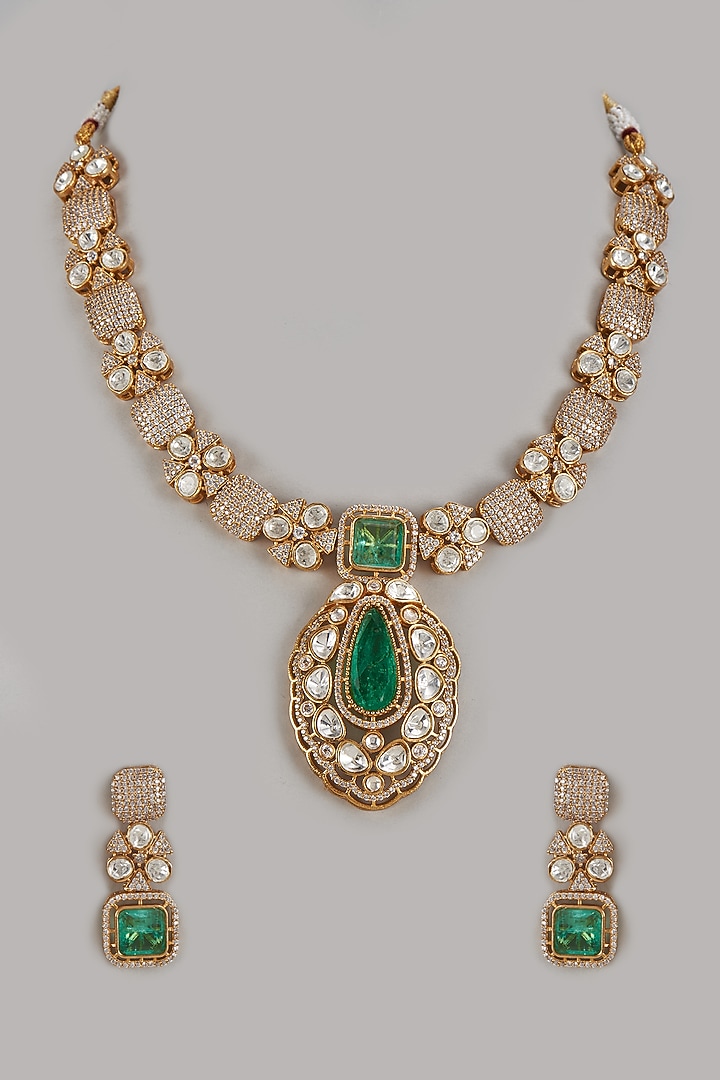 Gold Finish Zircon & Green Stone Pendant Necklace Set by Moh-Maya by Disha Khatri at Pernia's Pop Up Shop