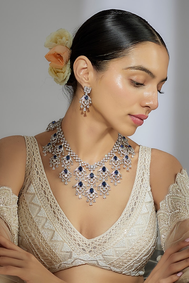 White Finish Zircon & Blue Stone Long Necklace Set by Moh-Maya by Disha Khatri at Pernia's Pop Up Shop
