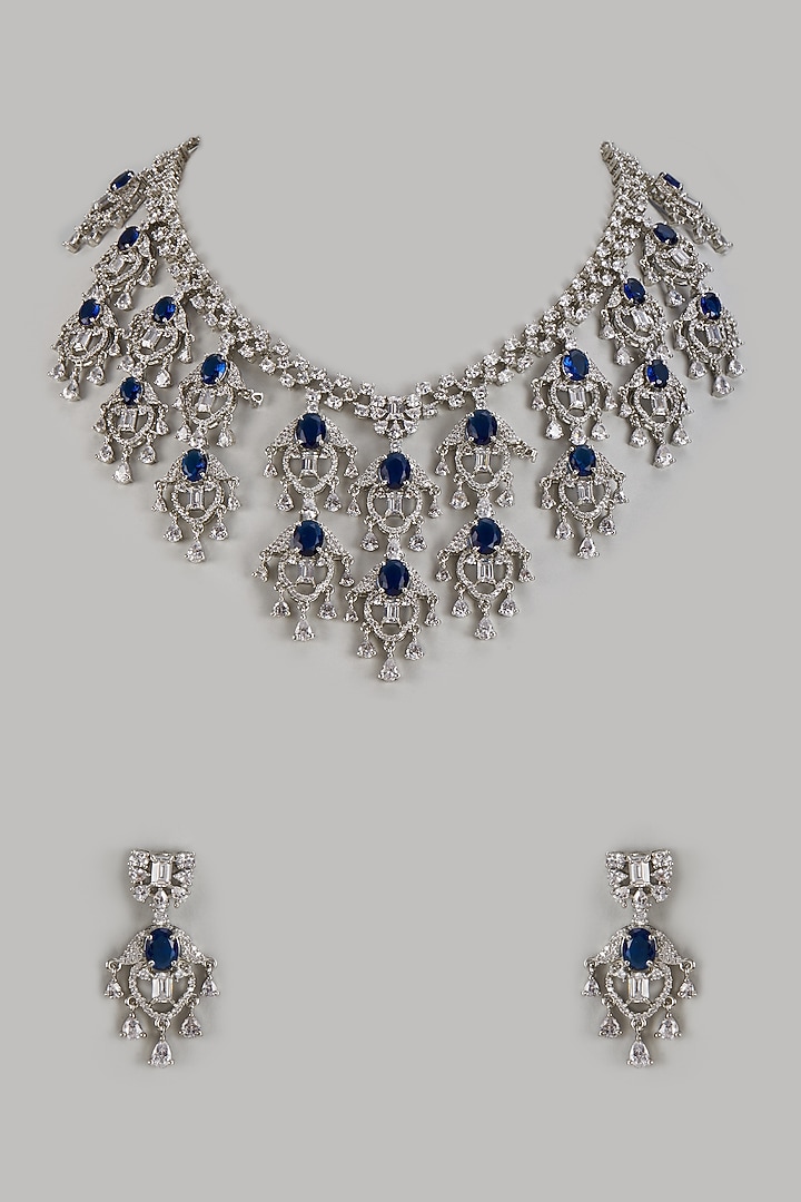 White Finish Zircon & Blue Stone Long Necklace Set by Moh-Maya by Disha Khatri at Pernia's Pop Up Shop