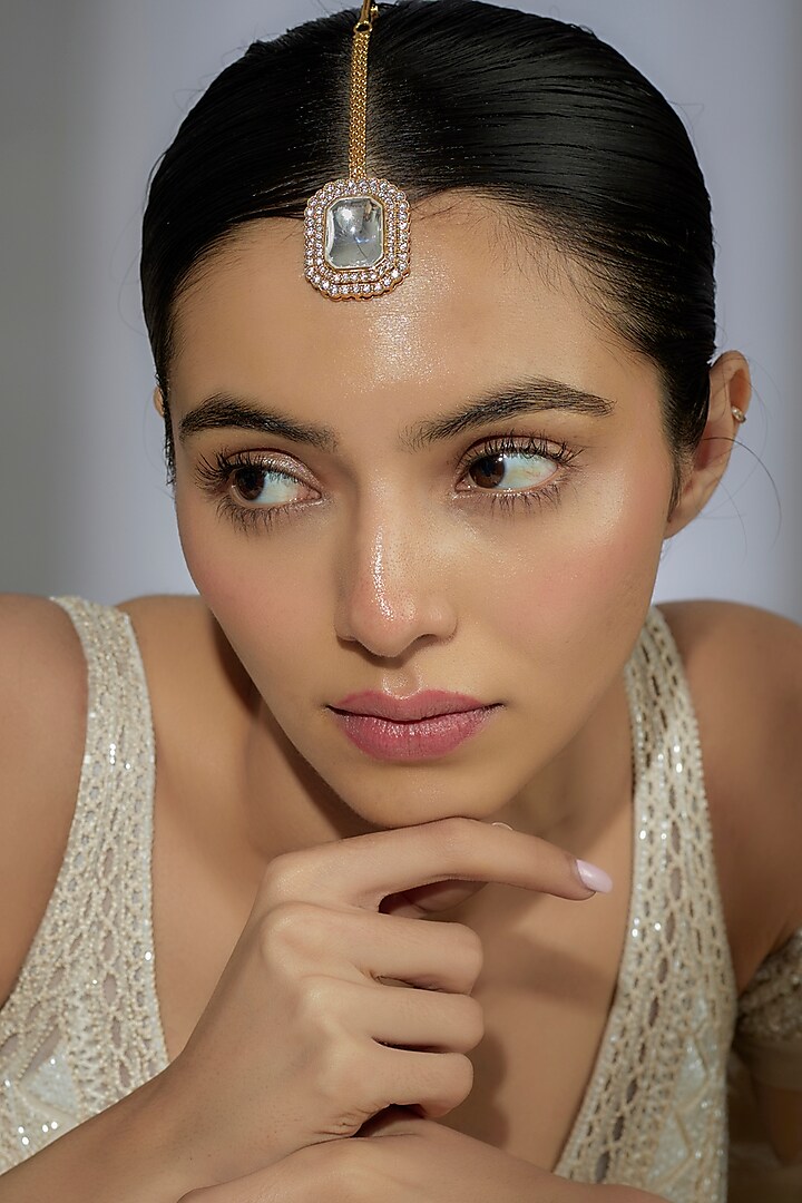 Gold Finish Kundan Polki & Zircon Maangtikka by Moh-Maya by Disha Khatri at Pernia's Pop Up Shop