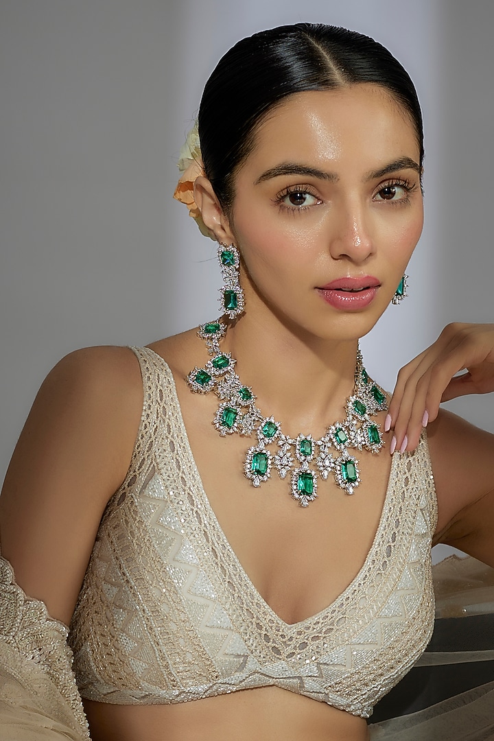 White Finish Zircon & Aqua Stone Long Necklace Set by Moh-Maya by Disha Khatri at Pernia's Pop Up Shop