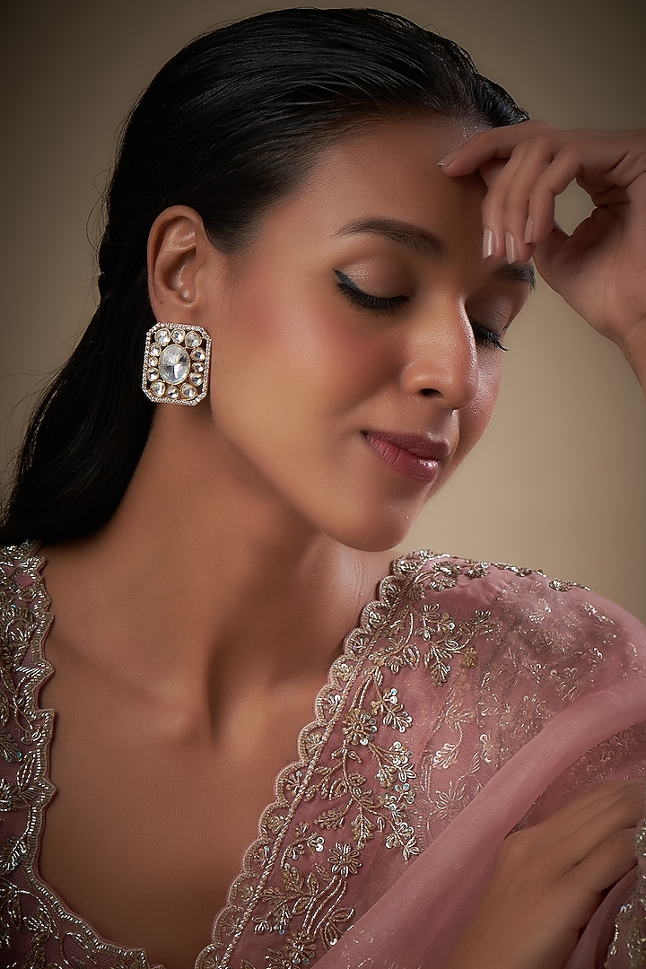Gold Finish Kundan Polki Stud Earrings by Moh-Maya by Disha Khatri at Pernia's Pop Up Shop