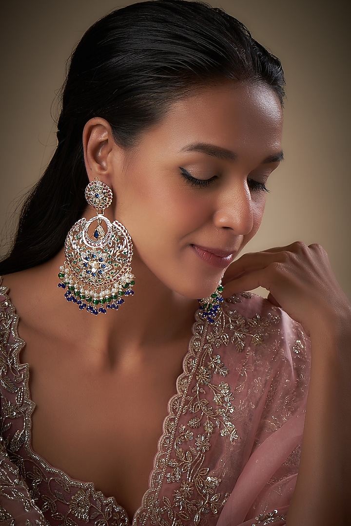 Gold Finish Kundan Polki & Pearl Chandbaali Earrings by Moh-Maya by Disha Khatri at Pernia's Pop Up Shop