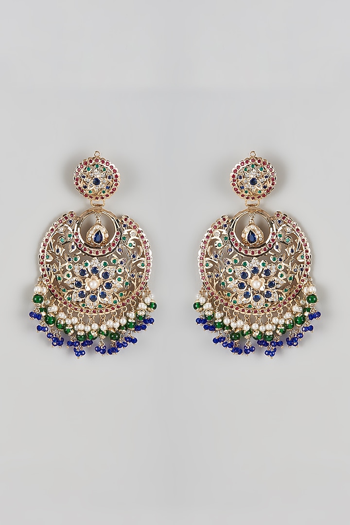Gold Finish Kundan Polki & Pearl Chandbaali Earrings by Moh-Maya by Disha Khatri at Pernia's Pop Up Shop
