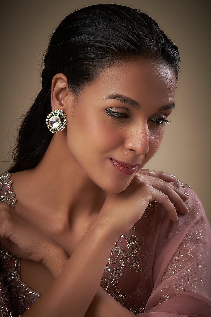 Gold Finish Kundan Polki Meenakari Stud Earrings by Moh-Maya by Disha Khatri at Pernia's Pop Up Shop
