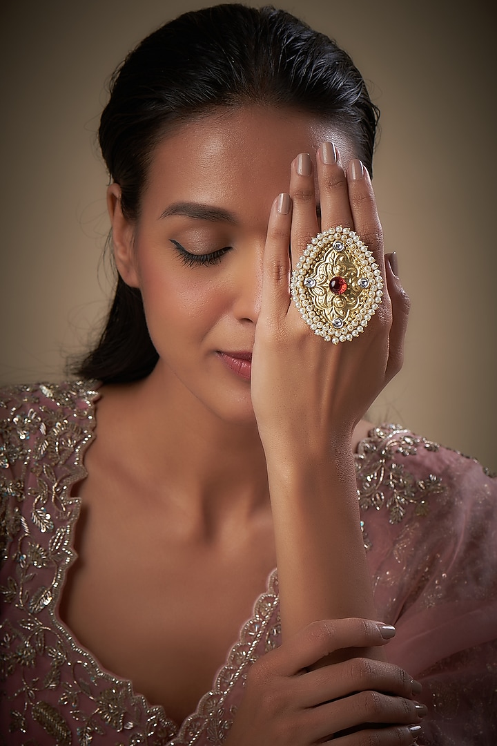 Gold Finish Kundan Polki & Pearl Ring by Moh-Maya by Disha Khatri at Pernia's Pop Up Shop