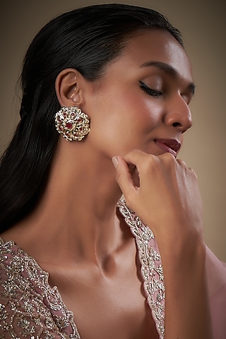 Gold Finish Kundan Polki & Jadau Stud Earrings by Moh-Maya by Disha Khatri