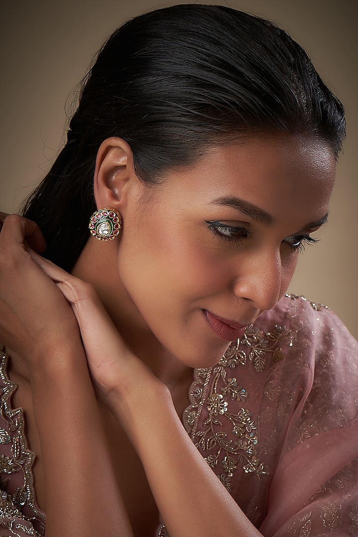 Gold Finish Kundan Polki & Stone Stud Earrings by Moh-Maya by Disha Khatri at Pernia's Pop Up Shop