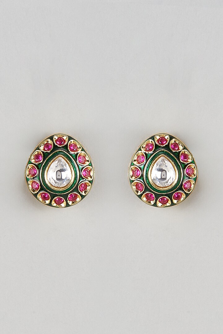 Gold Finish Kundan Polki & Stone Stud Earrings by Moh-Maya by Disha Khatri at Pernia's Pop Up Shop