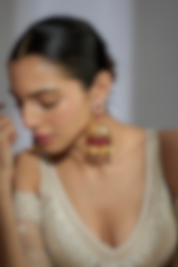 Gold Finish Kundan Polki & Ruby Stone Dangler Earrings by Moh-Maya by Disha Khatri at Pernia's Pop Up Shop