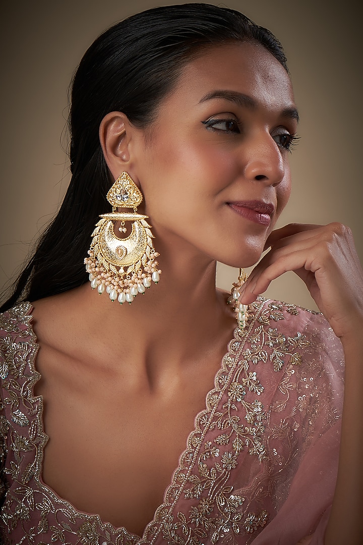 Gold Finish Kundan Polki & Pink Stone Dangler Earrings by Moh-Maya by Disha Khatri at Pernia's Pop Up Shop