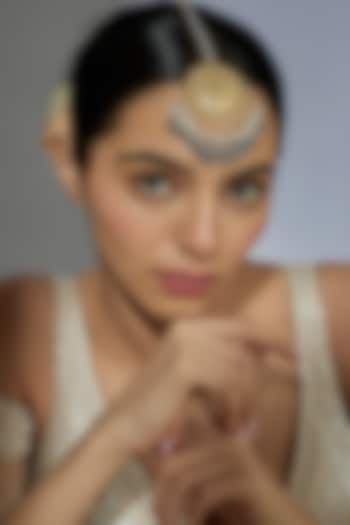 Gold Finish Kundan Polki & Light Blue Beaded Maangtikka by Moh-Maya by Disha Khatri at Pernia's Pop Up Shop