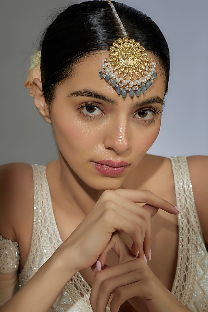 Gold Finish Kundan Polki & Light Blue Beaded Maangtikka by Moh-Maya by Disha Khatri at Pernia's Pop Up Shop