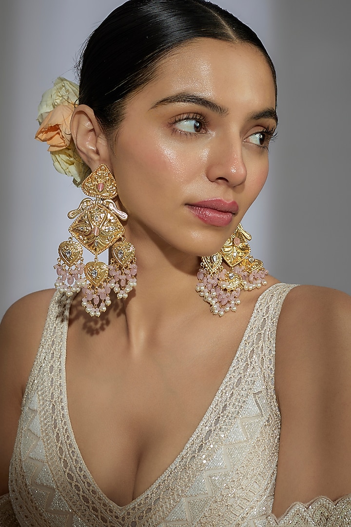 Gold Finish Kundan Polki & Pink Beaded Dangler Earrings by Moh-Maya by Disha Khatri at Pernia's Pop Up Shop