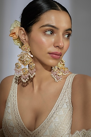 Gold Finish Kundan Polki & Pink Beaded Dangler Earrings by Moh-Maya by Disha Khatri