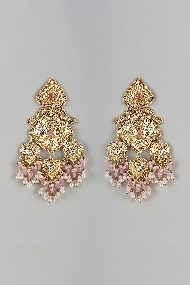 Gold Finish Kundan Polki & Pink Beaded Dangler Earrings by Moh-Maya by Disha Khatri at Pernia's Pop Up Shop