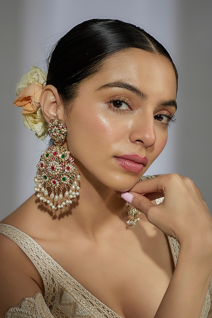 Gold Finish Kundan Polki Multi-Colored Stone Dangler Earrings by