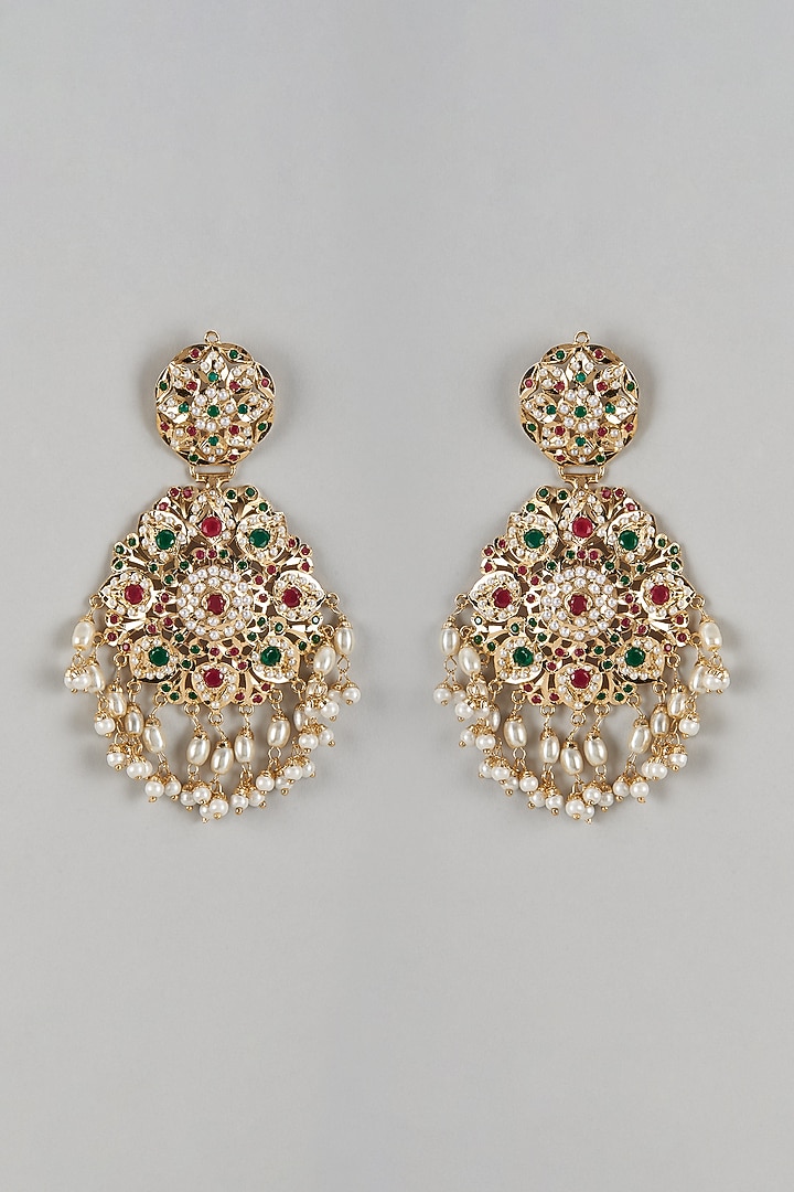 Gold Finish Kundan Polki & Multi-Colored Stone Dangler Earrings by Moh-Maya by Disha Khatri at Pernia's Pop Up Shop