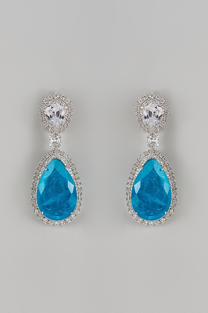 White Finish Aqua Zircon Dangler Earrings by Moh-Maya by Disha Khatri at Pernia's Pop Up Shop