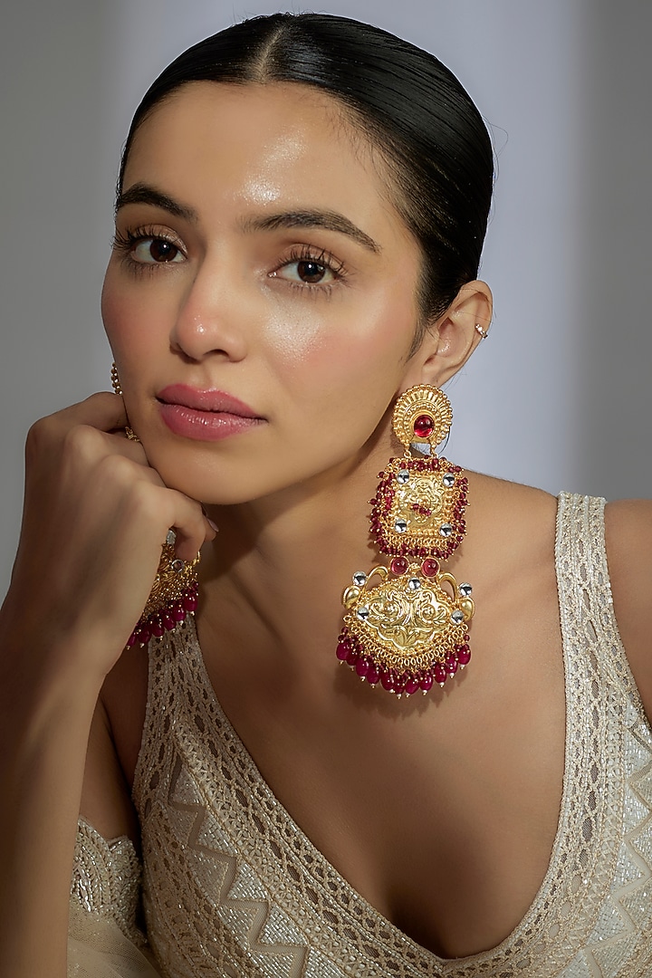 Gold Finish Kundan Polki & Red Stone Dangler Earrings by Moh-Maya by Disha Khatri at Pernia's Pop Up Shop