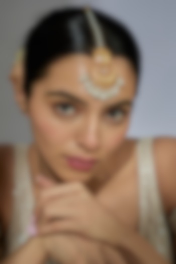 Gold Finish Kundan Polki & Pearl Maangtikka by Moh-Maya by Disha Khatri at Pernia's Pop Up Shop