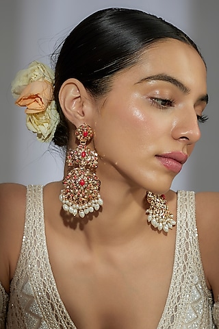 Gold Finish Kundan Polki & Coral Stone Dangler Earrings by Moh-Maya by Disha Khatri
