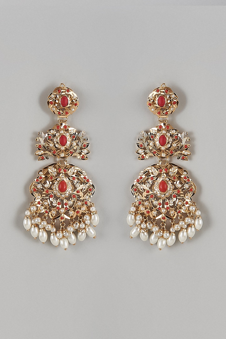 Gold Finish Kundan Polki & Coral Stone Dangler Earrings by Moh-Maya by Disha Khatri at Pernia's Pop Up Shop