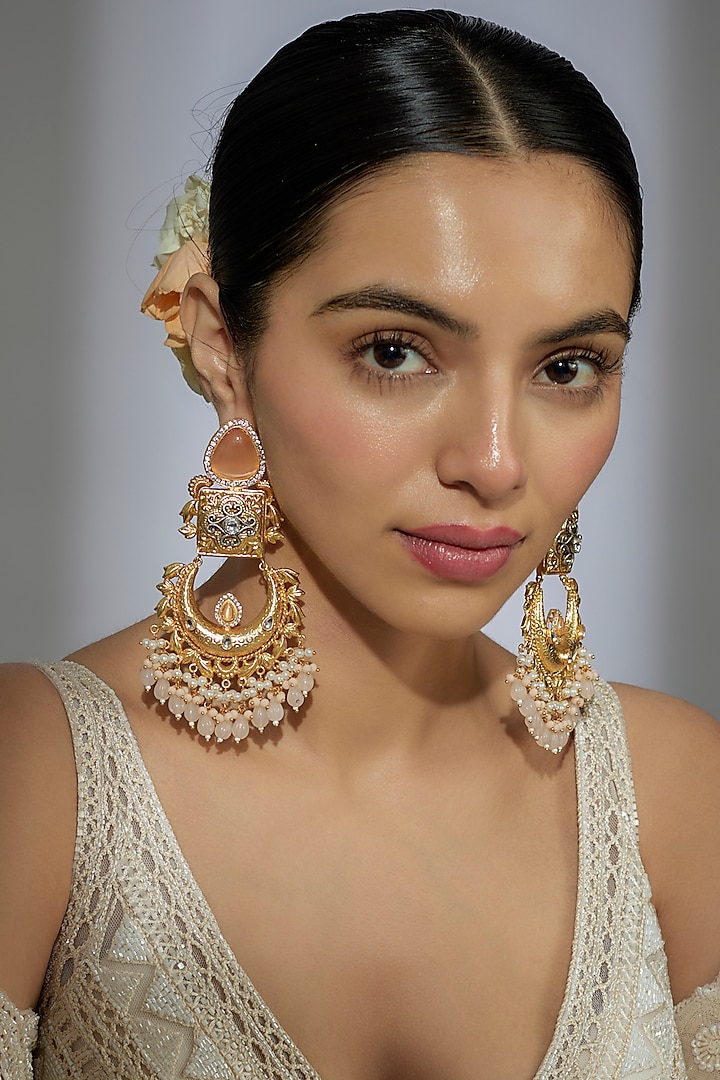 Gold Finish Kundan Polki & Peach Stone Dangler Earrings by Moh-Maya by Disha Khatri at Pernia's Pop Up Shop