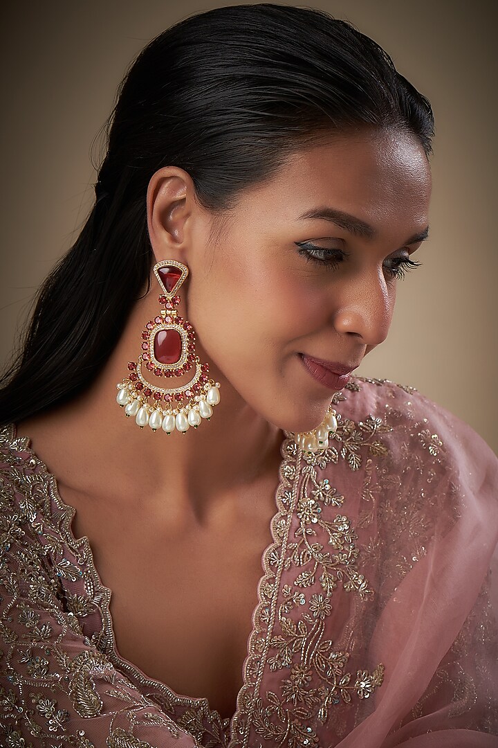 Gold Finish Zircon & Red Stone Dangler Earrings by Moh-Maya by Disha Khatri at Pernia's Pop Up Shop