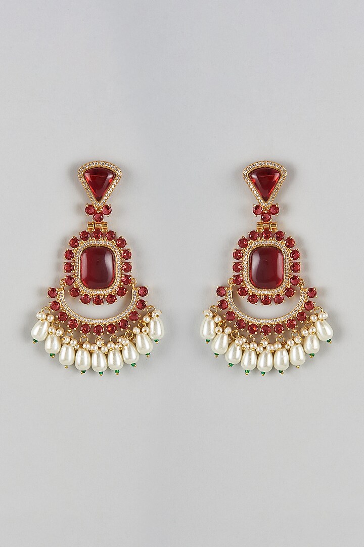 Gold Finish Zircon & Red Stone Dangler Earrings by Moh-Maya by Disha Khatri at Pernia's Pop Up Shop