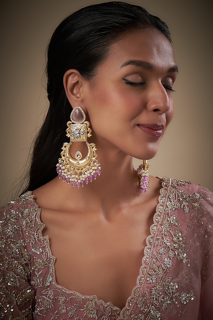 Gold Finish Kundan Polki & Purple Stone Dangler Earrings by Moh-Maya by Disha Khatri at Pernia's Pop Up Shop