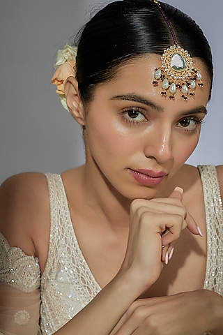 Gold Finish Kundan Polki & Mirror Maangtikka by Moh-Maya by Disha Khatri