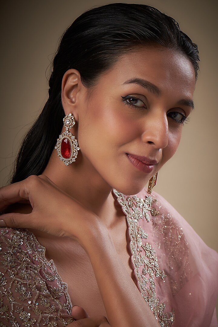 Gold Finish Zircon & Red Stone Dangler Earrings by Moh-Maya by Disha Khatri at Pernia's Pop Up Shop