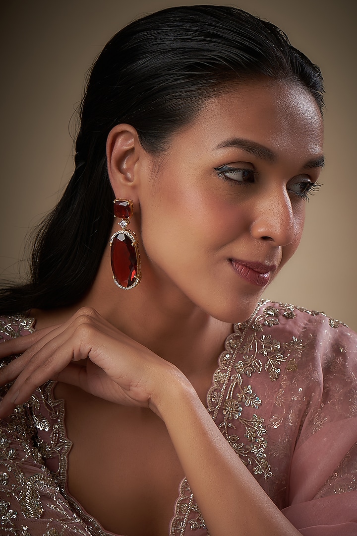 Gold Finish Zircon & Red Stone Dangler Earrings by Moh-Maya by Disha Khatri at Pernia's Pop Up Shop