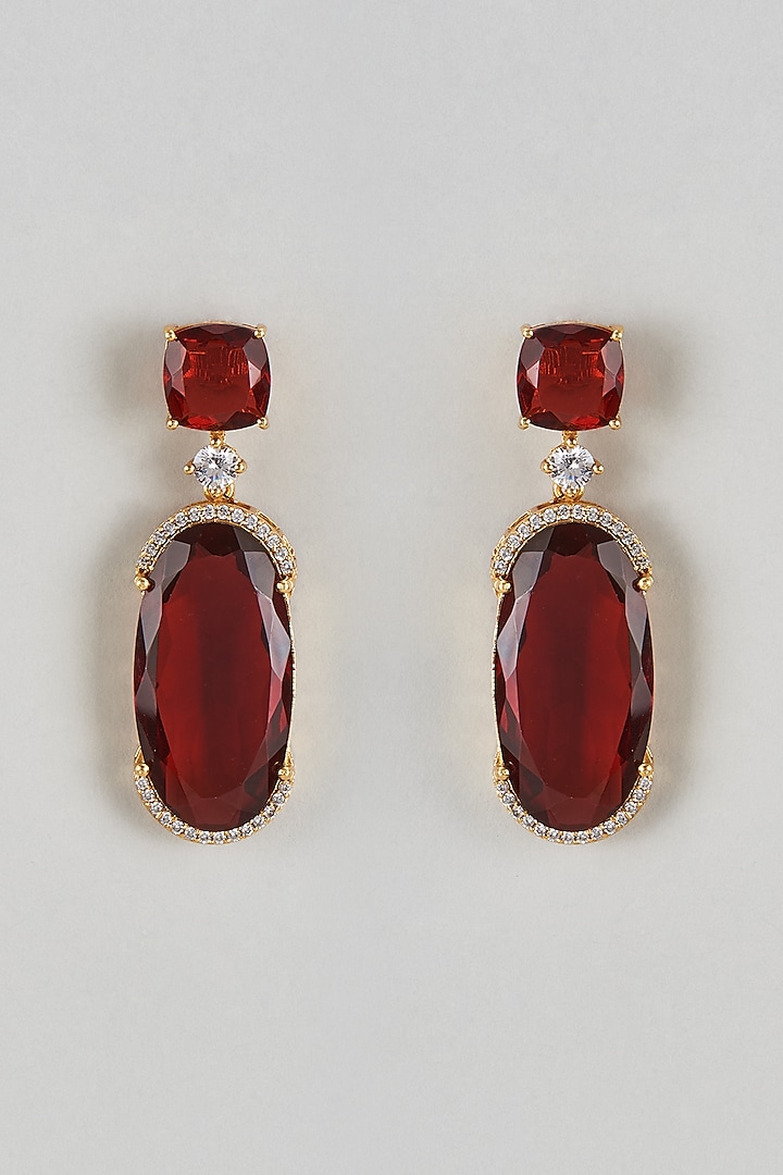 Gold Finish Zircon & Red Stone Dangler Earrings by Moh-Maya by Disha Khatri at Pernia's Pop Up Shop