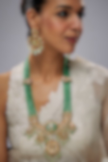 Gold Finish Mint Green & Red Stone Long Necklace Set by Moh-Maya by Disha Khatri at Pernia's Pop Up Shop