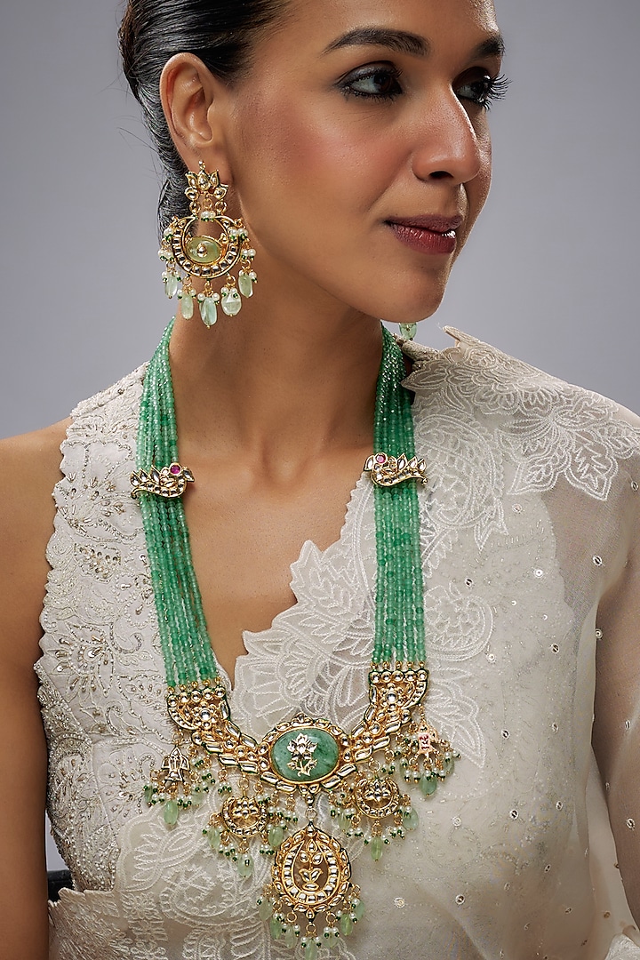 Gold Finish Mint Green & Red Stone Long Necklace Set by Moh-Maya by Disha Khatri at Pernia's Pop Up Shop
